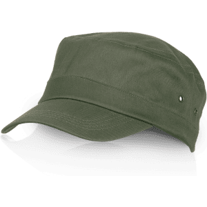 A green cap featuring a flat brim and two ventilation holes, designed for casual wear.