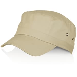 A khaki cap featuring a rounded crown and a curved brim, designed with a logo on the side.