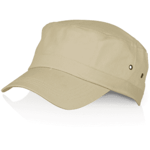 A beige cap featuring a simple design and a logo on the side. Suitable for headwear.