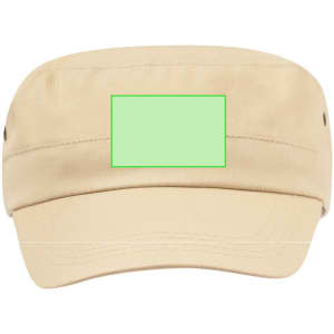 A beige cap with a structured front and a logo placement area. Designed for headwear categories.