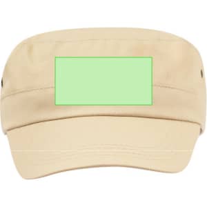 A beige cap featuring a front panel for custom branding and two side buttons.