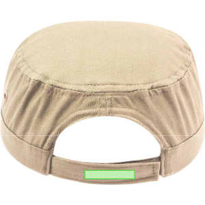 A khaki cap with a rounded top and an adjustable strap at the back, featuring a branding logo.