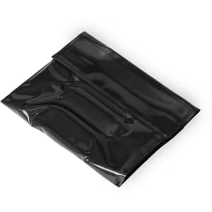 A black insulated bottle cooler with a glossy finish and a fold-over flap. It features a logo on the front.
