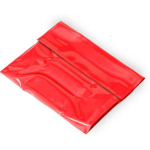 A drink bottle cooler in vibrant red, featuring a smooth, glossy finish and a fold-over design.