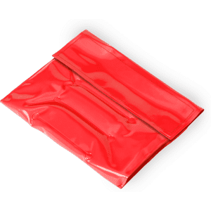 A drink bottle cooler in bright red, featuring a reflective shiny surface and a flap closure. It has a branded logo.