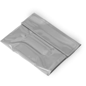 A drink bottle cooler in a sleek silver design, featuring a secure flap closure and a smooth surface, with branding visible.