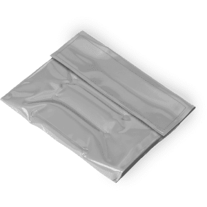 A drink bottle cooler made from a shiny, metallic, silver material with sealed edges and a smooth surface.