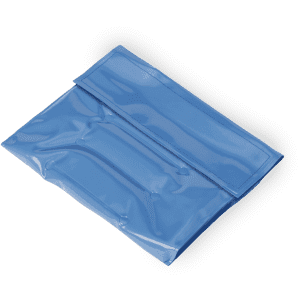 A drink bottle cooler in a vibrant blue colour, featuring a smooth, glossy surface and a secure flap closure.