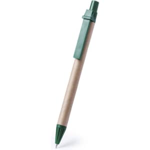 A green pen with a brown paper barrel and a green cap, featuring a clip and a logo.