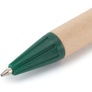 A green-tipped pen with a natural brown barrel, featuring a logo on the side.