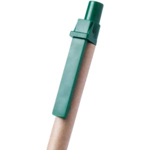 A green pen with a clip and a brown barrel, featuring a logo on the clip.