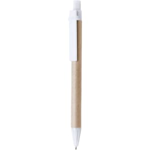 A pen with a white top and a brown paper barrel, featuring a clip and a branding logo.