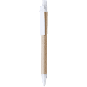 A pen with a brown cardboard barrel and white plastic accents, featuring a clip and a white writing tip.