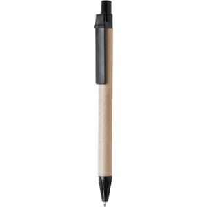 A black retractable pen with a natural kraft paper barrel and a clip, featuring a simple design.