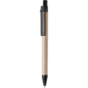 A brown and black pen with a cardboard barrel and a clip. It features a logo on the barrel.