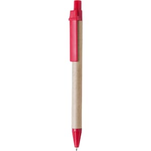 A red pen with a cardboard barrel and a matching red clip, featuring a logo on its side.