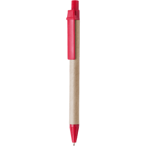 A pen with a red top and tip, featuring a brown paper barrel and a clip. It also has a logo.