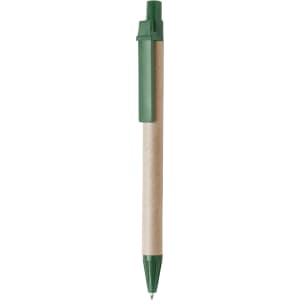 A green and brown pen featuring a natural cardboard barrel and a green cap, with a logo on the pen's surface.