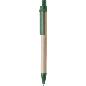 A green and kraft paper pen with a clip, featuring a plastic tip and barrel. It has a logo.