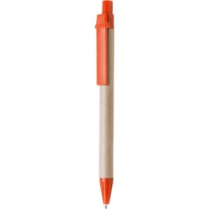 A pen with an orange cap and tip, featuring a brown paper barrel and a clip. It has a logo on the barrel.