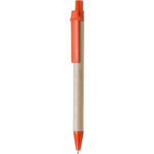 A pen with an orange top and a kraft paper barrel, featuring a clip and a logo.