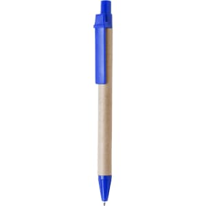 A blue pen with a round tip and a brown cardboard barrel. It features a clip and a branding logo.