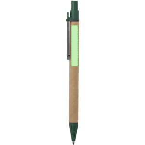 A green and brown pen featuring a visible branding area with a clip for attachment.