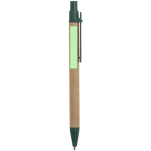 A green and brown pen with a clip and a branding logo on the barrel.