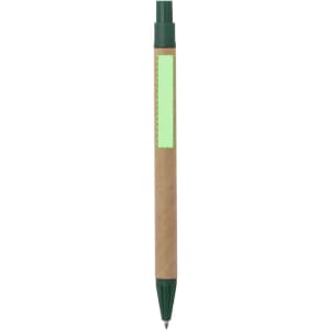 A green-tipped pen with a brown barrel and a blank label for customisation. It has a branding logo on the barrel.
