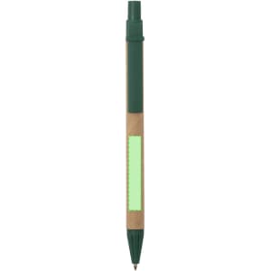 A green and natural wood pen with a green cap and a blank section for custom branding.