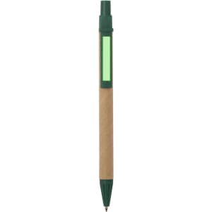 A green and brown pen with a textured grip and a logo on the side.