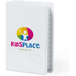 A white pencil case with a colourful logo featuring a playful figure and the text "kidsPLACE Kindergarten."