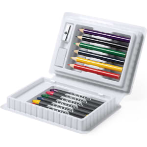 A clown pencil case in white, containing coloured pencils, markers, and a sharpener. It features a playful design.