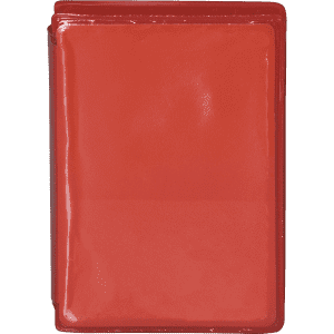 A red pencil case with a glossy finish, featuring a zip closure and a brand logo.