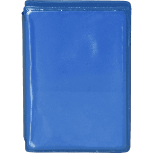 A blue pencil case with a glossy finish and a zipper, featuring a logo on the front.