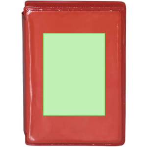 A red pencil case with a glossy finish and a blank green rectangle in the centre. It features a logo on one side.
