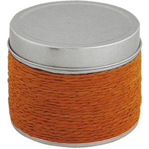 An orange aromatic candle in a round tin with a silver lid and textured wrap around the sides.