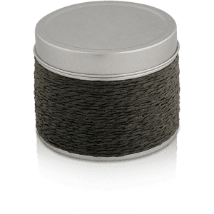 A silver tin candle with a textured black exterior, designed for home decor and aromatic purposes.