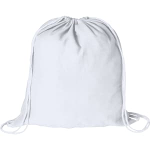 A white drawstring bag with a cinched opening and matching drawstrings, featuring a logo.