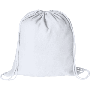 A white drawstring bag with a cord closure and a simple design. It features a branding logo.