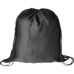 A black drawstring bag with a textured appearance and adjustable cords. It features a branding logo.