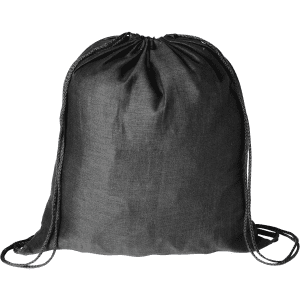 A black drawstring bag with a textured finish and a matching drawstring closure. It features a logo.