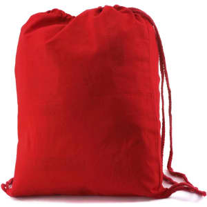 A red drawstring bag with a simple design and matching red cords, featuring a logo.