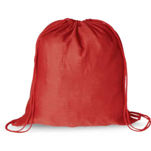 A red drawstring bag with matching cords, featuring a simple design and a logo.