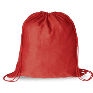 A red drawstring bag featuring a simple design and cord handles, suitable for carrying various items.
