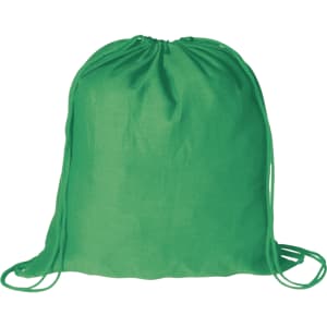 A green drawstring bag with matching cords and a simple design, featuring a logo on one side.