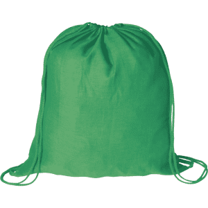 A green drawstring bag with a closure at the top and straps on each side. It has a branding logo.