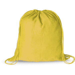 A vibrant yellow drawstring bag with dual cords and a simple design. It features a logo on the front.