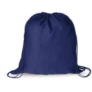 A navy blue drawstring bag with matching cords and a logo on the front.