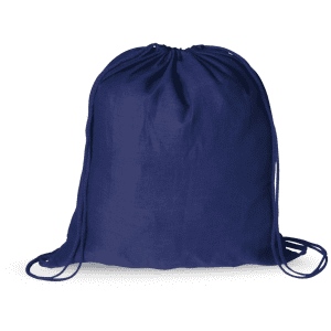 A navy drawstring bag with two shoulder straps and a gathered upper opening. It features a logo.